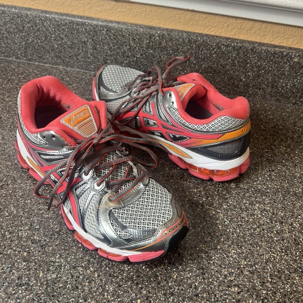 ASICS Gel Cumulus 15 Womens 9 Gray Orange Silver T3B5N Running Shoes Lace Up Low
